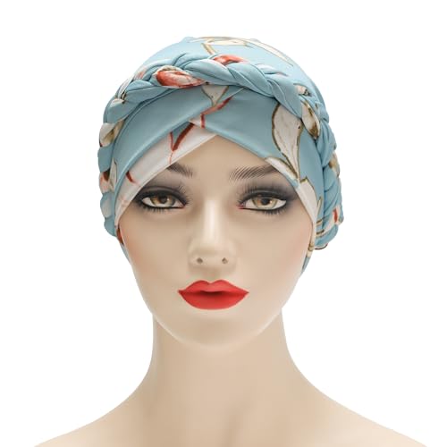 ZLYC Chemo Headwear for Women Pre Tied Turban Headwear Lightweight Beanie Hat - color: Braid Floral Light Blue