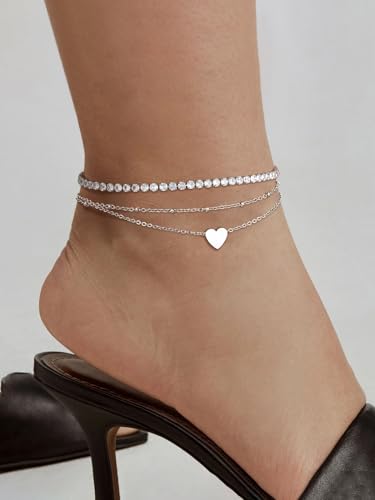 FindChic Black/Silver/Gold Plated Anklets Set of 2PCS/3PCS Herringbone Chain Cuban Link Heart Charm Sparkling Tennis Ankle Bracelets, Waterproof Summer Foot Jewelry for Beach - color: 05. Silver-2PCS Tennis & Beaded Heart