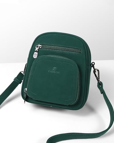 FADEON Small Purses for Women Crossbody Bags, Designer PU Leather Mini Cross Body Purse Travel Shoulder Bag Card Slots - color: Dark Green Nubuck Style