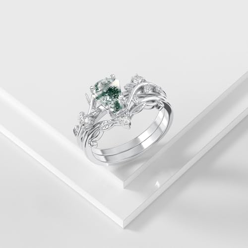 Natural Moss Agate Ring for Women 925 Sterling Silver Pear/Oval/Kite/Heart/Hexagon/Emerald/Coffin Cut Green Leaf Moss Agate Engagement Ring Promise Bridal Set Anniversary Birthday Jewelry Gifts - color: Coffin Cut Moss Agate