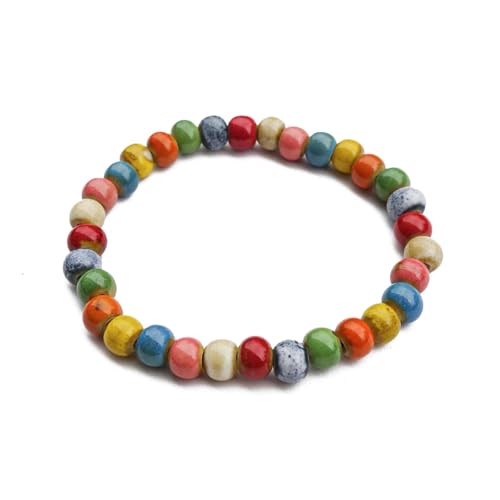 Handmade Multi-Color Faceted Ceramic Beads Bracelet for Women, Boho Stretch Bracelet with Oval Colorful Glazed Beads, Adjustable Bohemian Jewelry Gift for Mom Wife - color: small colorful