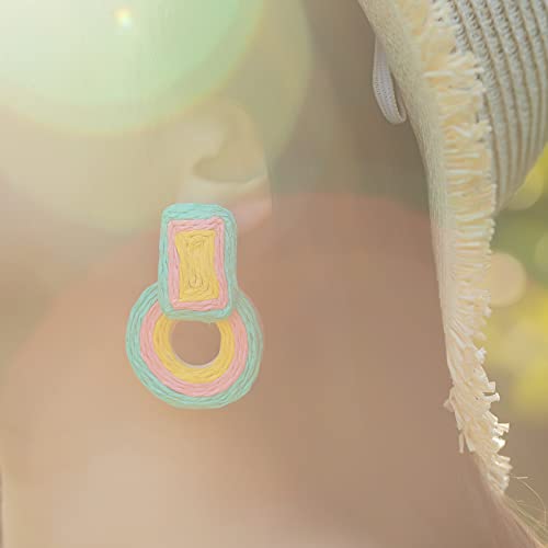 Statement Raffia Earrings Cute Boho Earrings Rattan Dangle Earrings Handmade Straw Wrap Earrings Summer Drop Dangling Earrings for Women Teen Girls - color: Teal/Pink/Yellow