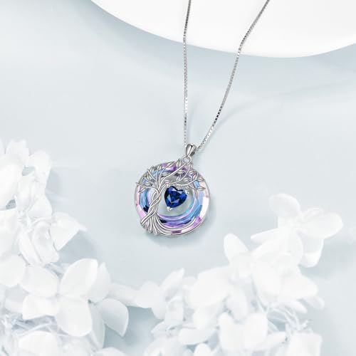 POPLYKE Mothers Day Gifts for Mom Her Wife Tree of Life Necklace 925 Sterling Silver Birthstone Pendant with Crystal Anniversary Birthday Wedding Jewelry for Women - color: 09-Sep-Sapphire, style: White Gold Plated-Amethyst Crystal