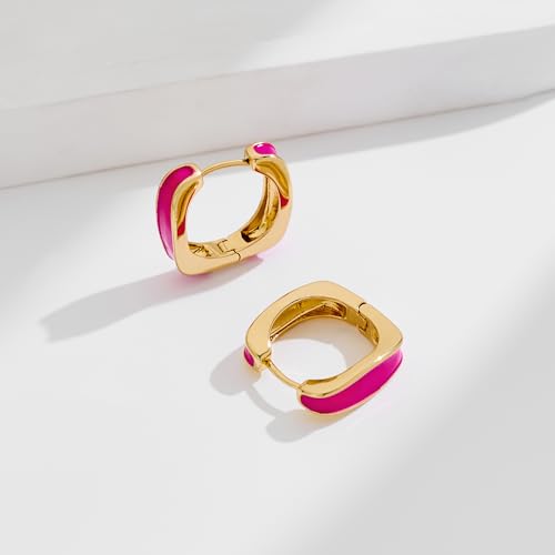 Chunky Hoop Earrings for Women Thick Minimalist Geometric Huggie Hoop Earrings Dainty Thick Y2K Preppy Earrings - style: Square-hot pink