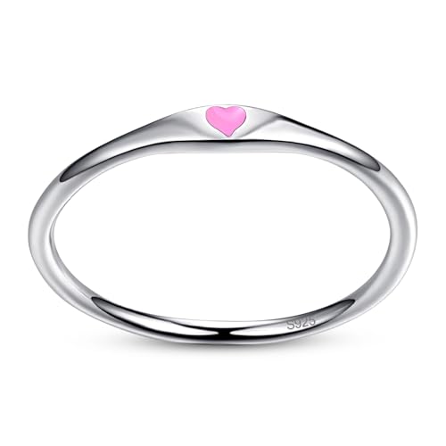 925 Sterling Silver Heart Ring for Women, 1mm Ultra Thin 14K Plated Gold Hypoallergenic Wedding Band with Black/Yellow/Red/Blue/Pink Love, Promise Stack Travel Jewelry Gifts Size 5-10 - color: G-Silver-Pink
