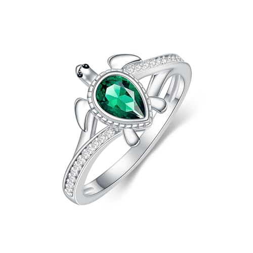 Sea Turtle Ring for Women 925 Sterling Silver Pear Shaped Birthstone Ocean Statement Ring for Ladies - color: Lab Created Emerald