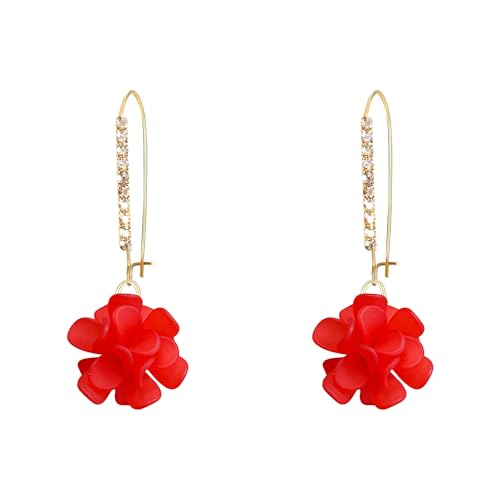 Boho Flower Dangle Earrings for Women Long Drop Resin Acrylic Tiered Petal Statement Earrings Handmade Lightweight Vintage Floral Chunky Drop Jewelry - color: Red