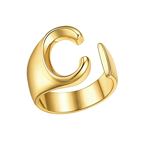 FindChic Customizable Initial Ring Statement 18K Gold Plated Fashion Cuff Rings for Women Alphabet Letter A to Z Resizable Knuckle Ring (with Gift Box) - color: C