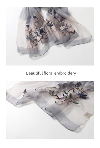 Jeelow Silk Blend Floral Fashion Scarf Shawl Wrap Lightweight Sheer For Women Floral Embroidery Wedding Party Prom - color: Grey 1