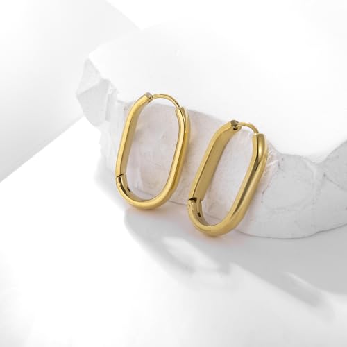 Stainless Steel Hoop Earrings for Women Gold Tone Geometric, Huggie Heart Twisted Minimalist Engraved Designs for Daily Wear - color: Gold-Oval02_25mm*15mm