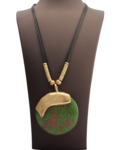 Bohemian Women's Leather Long Pendant Necklace Sweater necklace Adjustable Retro Woven Handmade Jewelry - color: Green stone