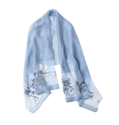 Jeelow Silk Blend Floral Fashion Scarf Shawl Wrap Lightweight Sheer For Women Floral Embroidery Wedding Party Prom - color: Blue Floral