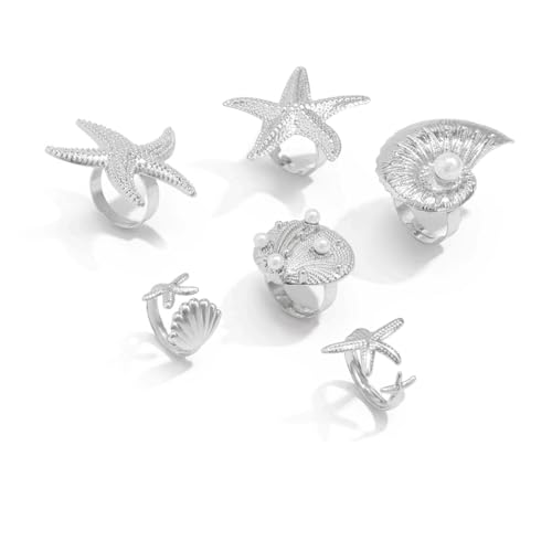 MIFYNN Chunky Gold Starfish Seashel Ring for Women Dainty Conch Pearl Ring Set Boho Ocean Stackable Rings Fashion Adjustable Beach Statement Rings Set Summer Charm Jewelry for Women - color: Silver-6Pcs