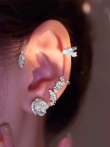 2PCS Ear Cuff Earrings for Women No Piercing Flower Climber Wrap Around Earrings Crawler Rhinestone Wrap Earring Fairy Ear Clip Jewelry Gifts - color: style2-silver