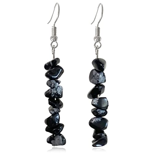 Handmade Bohemian Vintage Silver Nature Stone Beads Long Dangle Drop Earrings for Women - color: Black White