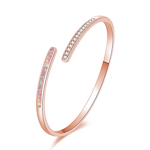CiNily Womens Cuff Bracelet,Opal Bangle Bracelets Gold Plated Hypoallergenic Ladies Gemstone Open Cuff Bangle Bracelet - color: a.Thin CZ Opal-Rose Gold