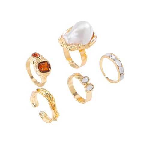 Chunky Gold Rings for Women Non Tarnish Statement Flower Ring Baroque Pearl Stackable Rings Set 6Pcs Chunky Jewelry - color: Gold 2