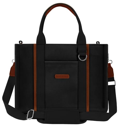 FIORETTO Women’s Canvas Tote Bag Purse with Zipper, Multi Compartment & Reinforced Bottom, Ideal for Work, Bible, Travel - color: Black, size: Medium, style: Detachable Organizer