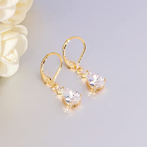 CiNily Teardrop Leverback Dangle Earrings for Women Hypoallergenic 14K Gold Plated Cubic Zircon Drop Earrings Fashion Crystal Earrings for Girls Jewelry Christmas Gifts - color: Gold-White CZ
