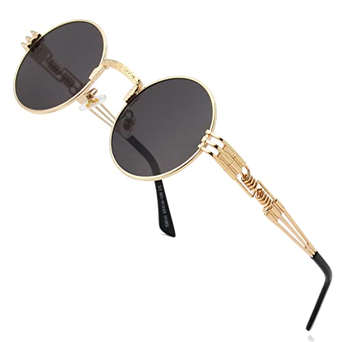 AIEYEZO Round Steampunk Sunglasses for Men Women Retro Circle Hippie Glasses Metal Frame 100% UV Blocking Lens - color: A2 Gold/Grey