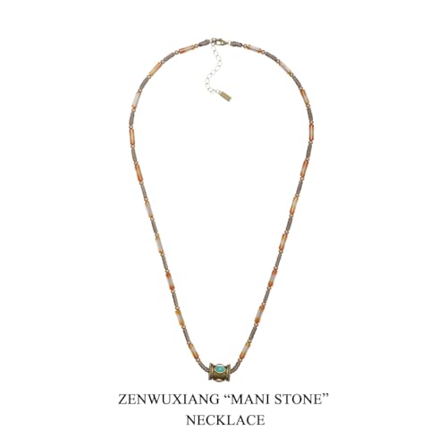 Zenwuxiang Tibetan Mani Stone Agate Necklace, Boho Ethnic Necklace with Natural Agate Beads, Lulutong Bead & Brass Charm, Vintage Tibetan Protection Jewelry