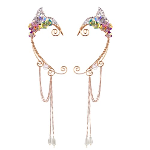 Elf Ear Cuffs, OwMell Handcraft Silver Pointed Fairy Elven Cosplay Fantasy Costume Bridal Wedding Earrings for Non Pierced Ears - style: Colorful Flowers with Pendant