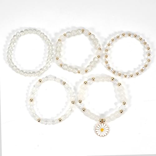 coadipress 5Pcs Bohemian Flower Stackable Bead Bracelets for Women Multilayer Crystal Glass Beaded Charm Bangles Bracelet Boho Summer Beach Hawaii Holiday Statement Jewelry - color: White