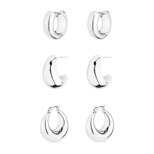 HILXURY Gold Chunky Hoop Earrings Set for Women, 14K Gold Plated Twisted Huggie Hoop Earring Hypoallergenic, Thick Open Hoops Set Lightweight - color: 3 silver hoops chunky