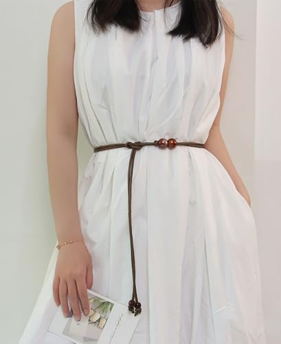 Womens Faux PU Leather Bead Rope Skinny Tie Belts for Skirt Dresses Jeans Pants Thin Dress Waist Belt - color: Coffee
