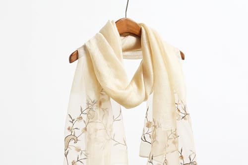 Jeelow Silk Blend Floral Fashion Scarf Shawl Wrap Lightweight Sheer For Women Floral Embroidery Wedding Party Prom - color: Khaki