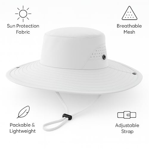 Wide Brim Nylon Sun Hat for Men Women Premium Packable Outdoor Fishing Hiking Hat Breathable Vent Holes Foldable for Beach - color: White