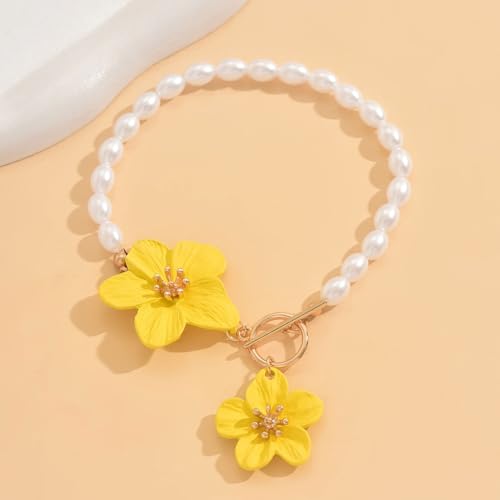 Flower Anklets for Women Trendy Flower Ankle Bracelet Boho Floral Anklet Summer Beach Anklets Jewelry for Women - color: Pearl Chain Yellow