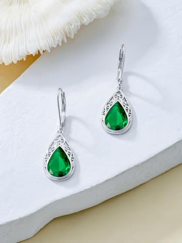 POIUY Gifts for Women Hypoallergenic Teardrop Filigree Birthstone Leverback Dangle Earrings 18K White Gold Fashion Jewelry Anniversary Wedding Birthday Gifts for Women Daughter Sister Girlfriend Wife - style: 5-May Birthstone Earrings