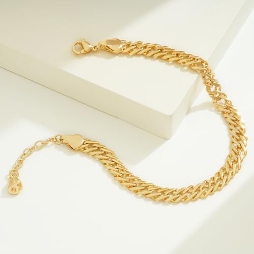 BENEIGE Women Bracelet 14K Gold Plated Paperclip Satellite Bead Ball Oval Cuba Cable Box Chain Daily Charm Layered Link Silver Bracelets Adjustable Jewelry - style: Paperclip Diagonal Double