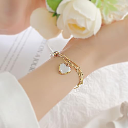 Emibele Heart Charm Bracelet for Women, Bible Verse Bracelet Stainless Steel 18K Gold Plated Bracelet Love Pendant Link Chain OT Clasp, Birthday Christmas Jewelry Gift for Mother Her - color: Gold 2
