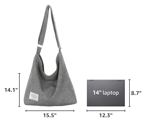 Covelin Women's Retro Large Size Canvas Shoulder Bag Hobo Crossbody Handbag Casual Tote - color: Light Grey