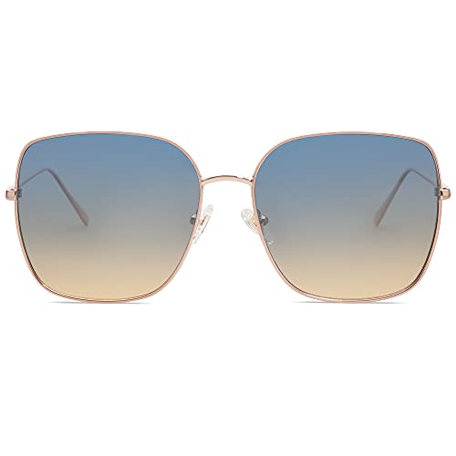 SOJOS Trendy Oversized Square Metal Frame Sunglasses for Women Men Retro Big Flat Lens UV Protection Sunglasses SJ1146 - color: Rose Gold/Gradient Bluish-brown