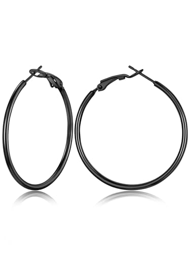 FOCALOOK 14K Gold Plated Lightweight Large Hoops| 2mm Thin Hoop Earrings for Women 30/40/50/70/100mm - color: 01.Black, size: 40mm