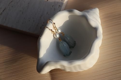 All natural delicate Campanula flowers paired with pearl drop earrings are handmade and unique，Vintage-Style Pearl Drop Earrings, Blue Glass Bell Flower Design, Gold-Tone Hooks，Real Preserved Bellflower & Freshwater Drop Earrings | Handmade Hypoallergenic