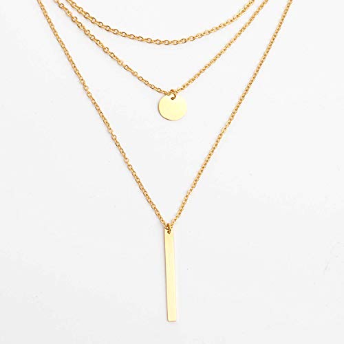 Disc Bar Pendant Layering Necklace Stainless Steel Layered Chain Choker - color: 14K Gold Plated