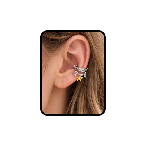 Silver Star Cartilage Huggie Earrings for Women – Crystal Celestial Charm Beaded Chain Dangle Helix Piercing Hoop Earrings, Pink Blue Y2K Vintage Trendy Jewelry Gift - color: 1PCS Silver Lucky