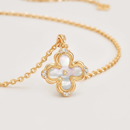 Fettero Dainty Gold Necklace for Women - Double Sided Pendant Necklace 14K Gold Plated Charm Clover Necklace Jewelry for Valentine's Day - color: Mother Pearl White