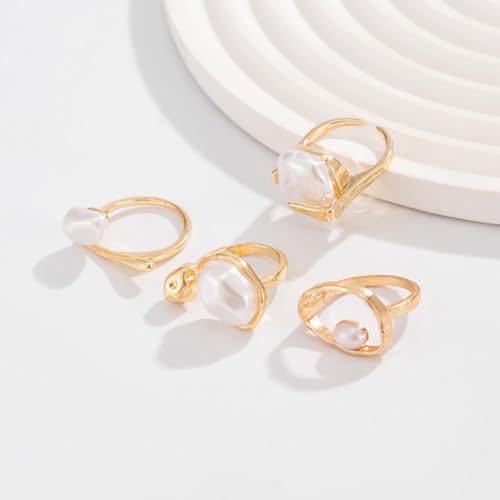 Chunky Gold Pearl Rings for Women Vintage Baroque Pearl Rings Set Open Stacking Pearls Ring Set Irregular Geometric Pearls Ring Boho Prom Costumes Fashion Jewelry Accessories - style: 4PCS A