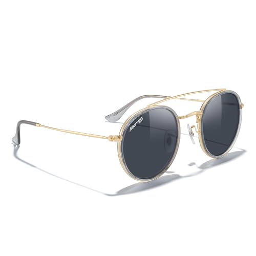 MERRY'S Retro Round Polarized Sunglasses - Unisex Double Bridge Sun Glasses - color: Tra Gray Frame/Gold Bridge/Black Lens