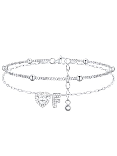 FindChic Silver/14K Gold Plated Layered CZ Initial Ankle Bracelet for Women | Waterproof Stainless Steel, Cubic Zirconia Letter Charm, Non-Tarnish, Hypoallergenic, Adjustable Extender, Summer Jewelry - color: Silver-CZ Heart, size: F