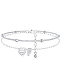 FindChic Silver/14K Gold Plated Layered CZ Initial Ankle Bracelet for Women | Waterproof Stainless Steel, Cubic Zirconia Letter Charm, Non-Tarnish, Hypoallergenic, Adjustable Extender, Summer Jewelry - color: Silver-CZ Heart, size: F
