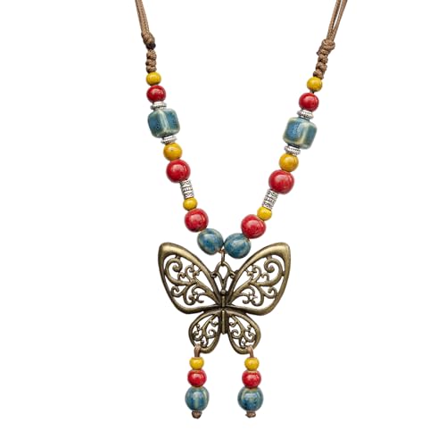 Boho Colorful Ceramic Bead Necklace for Women, Butterfly Pendant Necklace, Handmade Bohemian Statement Jewelry Gifts for Mom - color: Multi-S