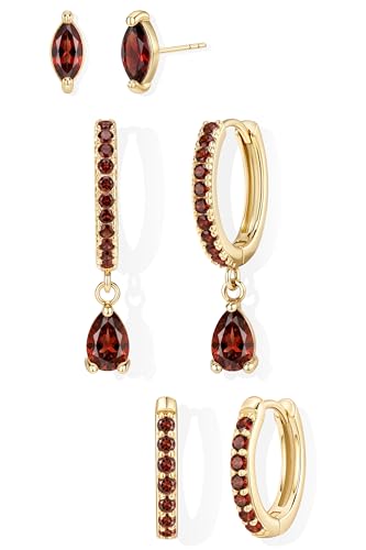 14K Gold Plated Small Huggie Hoop Earrings Set for Women, Hypoallergenic Dainty Sterling Silver Dangle Studs for Cartilage Helix, Lightweight Trendy Cute Stack Birthstone Jewelry Gift - color: 01_Garnet_Jan_Gold