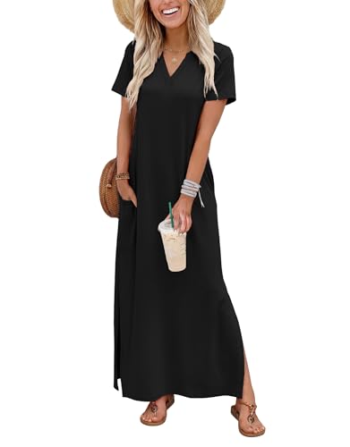 OFEEFAN Summer Dresses for Women 2026 Maxi Dress Short Sleeve Sundresses with Pockets Beach Vacation Spring Outfits - color: Black, size: XX-Large