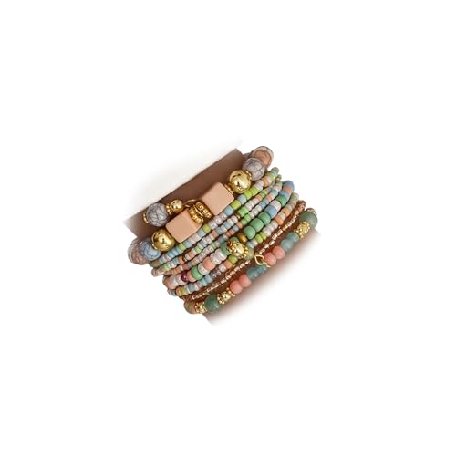 IFKM 8PCS Beaded Bracelets for Women, Multilayered Stackable Strand Stretch Bead Bracelet Pack Handmade Trendy Bohemian Charm Jewelry - color: Colorful